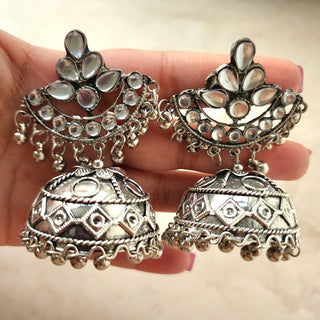 Bethany German Silver Kundan Dome Jhumka Earrings - ECLAT INDIAN JEWELSEarringsGerman Silver