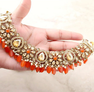 Bettie Polki Orange Necklace Set with Tikka - ECLAT INDIAN JEWELSNecklace SetsOrange