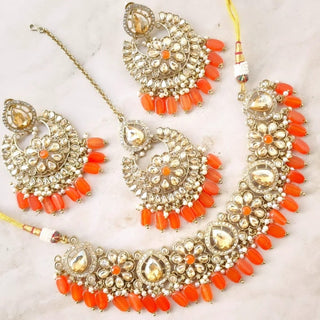 Bettie Polki Orange Necklace Set with Tikka - ECLAT INDIAN JEWELSNecklace SetsOrange