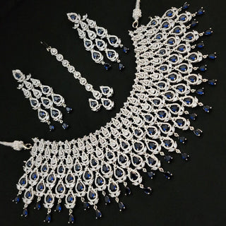 Beverly Blue AD Diamond Necklace Set with Tikka - ECLAT INDIAN JEWELSNecklace SetsBlue