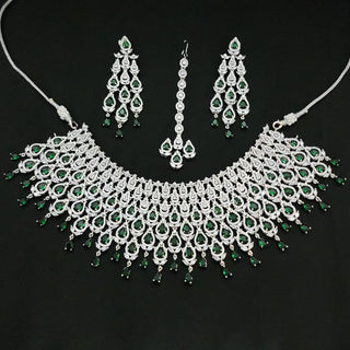 Beverly Green AD Diamond Necklace Set with Tikka - ECLAT INDIAN JEWELSNecklace SetsGreen