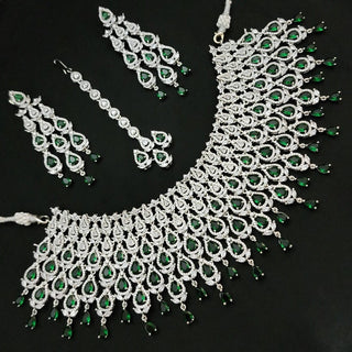 Beverly Green AD Diamond Necklace Set with Tikka - ECLAT INDIAN JEWELSNecklace SetsGreen