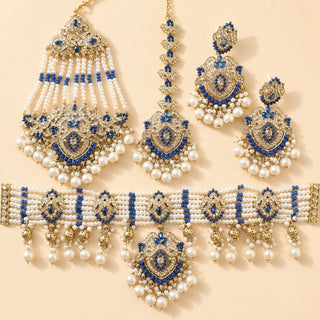 Bianca Dark Blue Polki Choker Necklace Set with Tikka & Passa - ECLAT INDIAN JEWELSNecklace SetsBlue