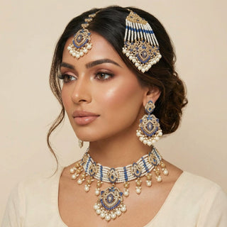 Bianca Dark Blue Polki Choker Necklace Set with Tikka & Passa - ECLAT INDIAN JEWELSNecklace SetsBlue