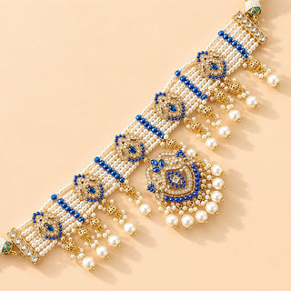 Bianca Dark Blue Polki Choker Necklace Set with Tikka & Passa - ECLAT INDIAN JEWELSNecklace SetsBlue