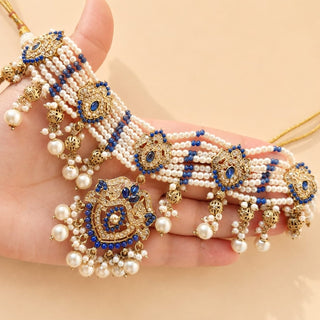Bianca Dark Blue Polki Choker Necklace Set with Tikka & Passa - ECLAT INDIAN JEWELSNecklace SetsBlue