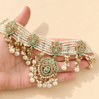 Bianca Mint Green Polki Choker Necklace Set with Tikka & Passa - ECLAT INDIAN JEWELSNecklace SetsGreen