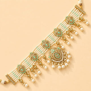 Bianca Mint Green Polki Choker Necklace Set with Tikka & Passa - ECLAT INDIAN JEWELSNecklace SetsGreen