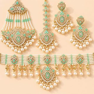 Bianca Mint Green Polki Choker Necklace Set with Tikka & Passa - ECLAT INDIAN JEWELSNecklace SetsGreen