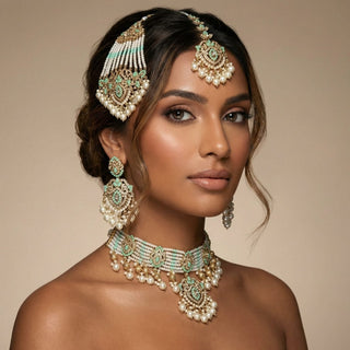 Bianca Mint Green Polki Choker Necklace Set with Tikka & Passa - ECLAT INDIAN JEWELSNecklace SetsGreen