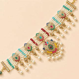 Bianca Multicolour Polki Choker Necklace Set with Tikka & Passa - ECLAT INDIAN JEWELSNecklace SetsMulticolour