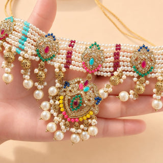 Bianca Multicolour Polki Choker Necklace Set with Tikka & Passa - ECLAT INDIAN JEWELSNecklace SetsMulticolour
