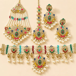 Bianca Multicolour Polki Choker Necklace Set with Tikka & Passa - ECLAT INDIAN JEWELSNecklace SetsMulticolour
