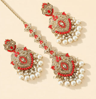 Bianca Red Polki Choker Necklace Set with Tikka & Passa - ECLAT INDIAN JEWELSNecklace SetsRed