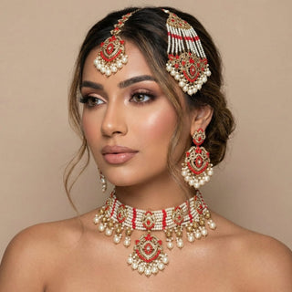 Bianca Red Polki Choker Necklace Set with Tikka & Passa - ECLAT INDIAN JEWELSNecklace SetsRed