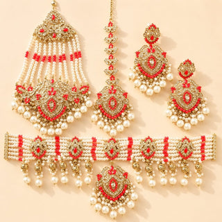 Bianca Red Polki Choker Necklace Set with Tikka & Passa - ECLAT INDIAN JEWELSNecklace SetsRed