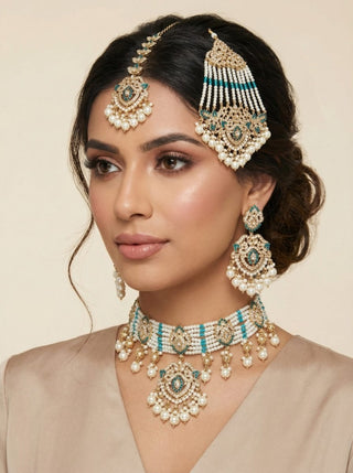 Bianca Teal Blue Polki Choker Necklace Set with Tikka & Passa - ECLAT INDIAN JEWELSNecklace SetsBlue