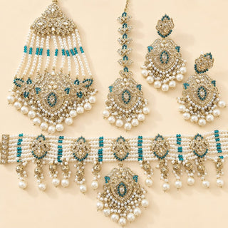 Bianca Teal Blue Polki Choker Necklace Set with Tikka & Passa - ECLAT INDIAN JEWELSNecklace SetsBlue