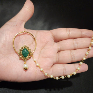 Briella Green Polki Gold Nath (no piercing needed) - ECLAT INDIAN JEWELSNose Ring (Nath)Green