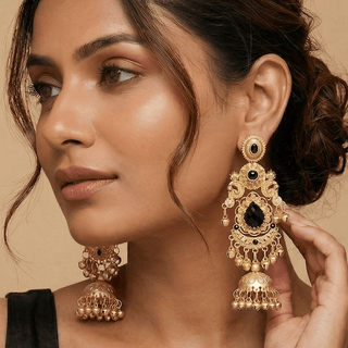 Britney Black Kashmiri Shoulder Duster Jhumka Gold Finish Earrings - ECLAT INDIAN JEWELSKashmiri EarringsBlack