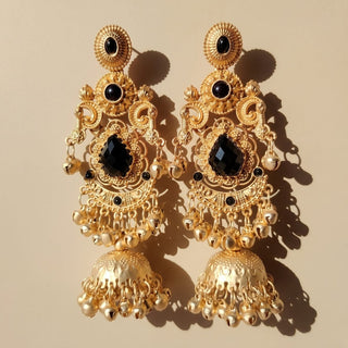 Britney Black Kashmiri Shoulder Duster Jhumka Gold Finish Earrings - ECLAT INDIAN JEWELSKashmiri EarringsBlack