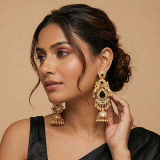 Britney Black Kashmiri Shoulder Duster Jhumka Gold Finish Earrings - ECLAT INDIAN JEWELSKashmiri EarringsBlack