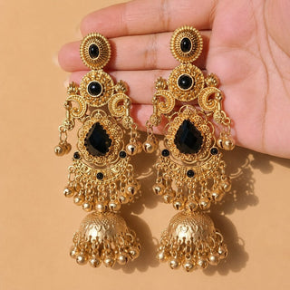 Britney Black Kashmiri Shoulder Duster Jhumka Gold Finish Earrings - ECLAT INDIAN JEWELSKashmiri EarringsBlack