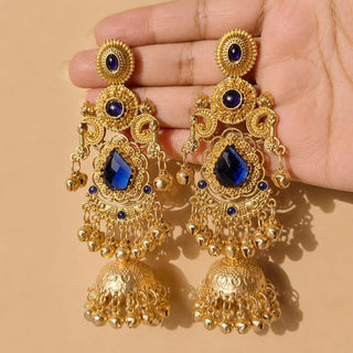 Britney Blue Kashmiri Shoulder Duster Jhumka Gold Finish Earrings - ECLAT INDIAN JEWELSKashmiri EarringsBlue
