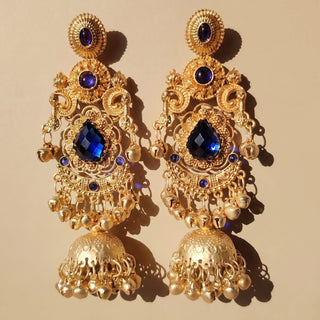 Britney Blue Kashmiri Shoulder Duster Jhumka Gold Finish Earrings - ECLAT INDIAN JEWELSKashmiri EarringsBlue