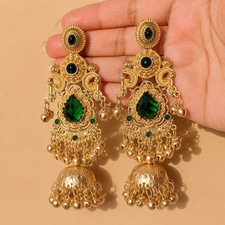 Britney Green Kashmiri Shoulder Duster Jhumka Gold Finish Earrings - ECLAT INDIAN JEWELSKashmiri EarringsGreen