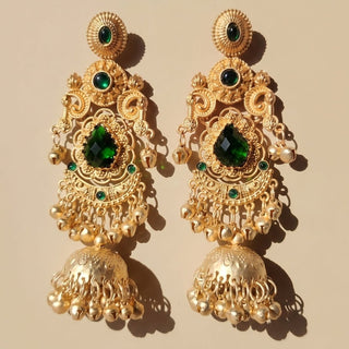 Britney Green Kashmiri Shoulder Duster Jhumka Gold Finish Earrings - ECLAT INDIAN JEWELSKashmiri EarringsGreen
