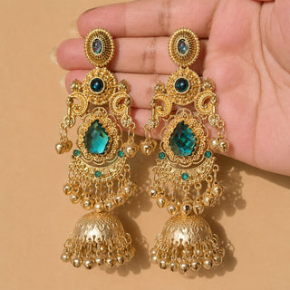 Britney Light Blue Kashmiri Shoulder Duster Jhumka Gold Finish Earrings - ECLAT INDIAN JEWELSKashmiri EarringsBlue