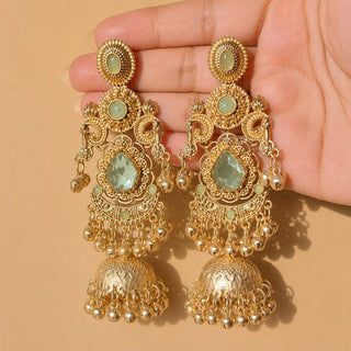 Britney Light Green Kashmiri Shoulder Duster Jhumka Gold Finish Earrings - ECLAT INDIAN JEWELSKashmiri EarringsGreen