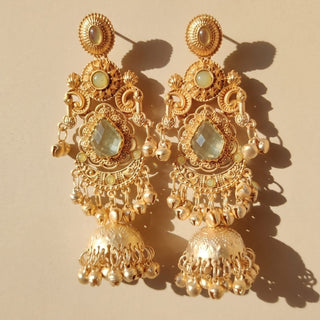 Britney Light Green Kashmiri Shoulder Duster Jhumka Gold Finish Earrings - ECLAT INDIAN JEWELSKashmiri EarringsGreen
