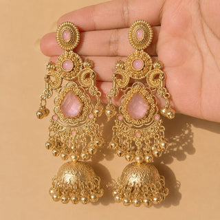 Britney Light Pink Kashmiri Shoulder Duster Jhumka Gold Finish Earrings - ECLAT INDIAN JEWELSKashmiri EarringsPink