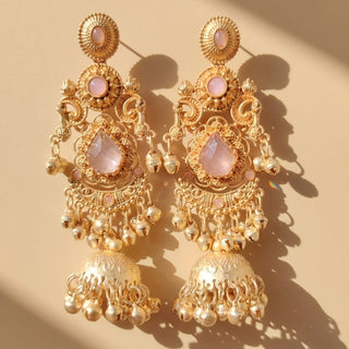 Britney Light Pink Kashmiri Shoulder Duster Jhumka Gold Finish Earrings - ECLAT INDIAN JEWELSKashmiri EarringsPink
