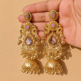 Britney Light Purple Kashmiri Shoulder Duster Jhumka Gold Finish Earrings - ECLAT INDIAN JEWELSKashmiri EarringsPurple