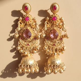 Britney Pink Kashmiri Shoulder Duster Jhumka Gold Finish Earrings - ECLAT INDIAN JEWELSKashmiri EarringsPink