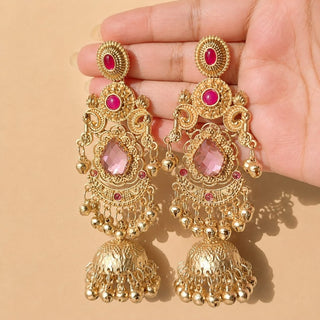 Britney Pink Kashmiri Shoulder Duster Jhumka Gold Finish Earrings - ECLAT INDIAN JEWELSKashmiri EarringsPink