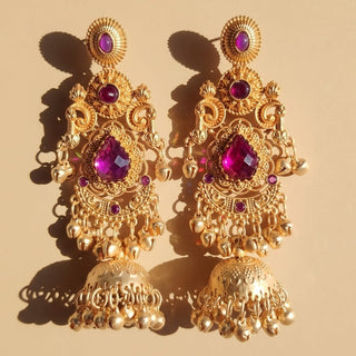 Britney Purple Kashmiri Shoulder Duster Jhumka Gold Finish Earrings - ECLAT INDIAN JEWELSKashmiri EarringsPurple