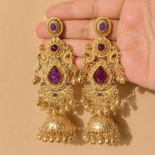 Britney Purple Kashmiri Shoulder Duster Jhumka Gold Finish Earrings - ECLAT INDIAN JEWELSKashmiri EarringsPurple