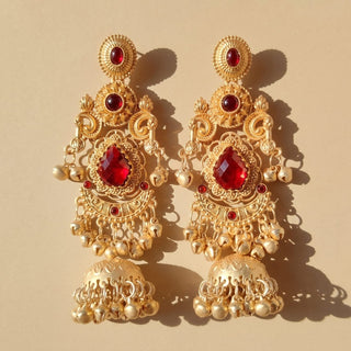 Britney Red Kashmiri Shoulder Duster Jhumka Gold Finish Earrings - ECLAT INDIAN JEWELSKashmiri EarringsRed