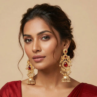 Britney Red Kashmiri Shoulder Duster Jhumka Gold Finish Earrings - ECLAT INDIAN JEWELSKashmiri EarringsRed