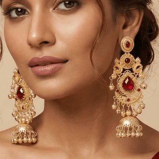 Britney Red Kashmiri Shoulder Duster Jhumka Gold Finish Earrings - ECLAT INDIAN JEWELSKashmiri EarringsRed