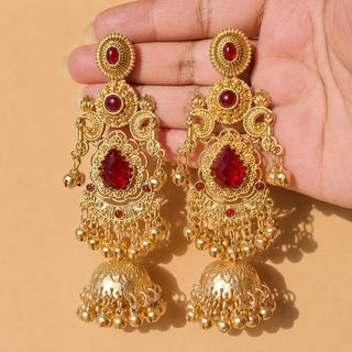 Britney Red Kashmiri Shoulder Duster Jhumka Gold Finish Earrings - ECLAT INDIAN JEWELSKashmiri EarringsRed