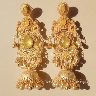 Britney Yellow Kashmiri Shoulder Duster Jhumka Gold Finish Earrings - ECLAT INDIAN JEWELSKashmiri EarringsYellow
