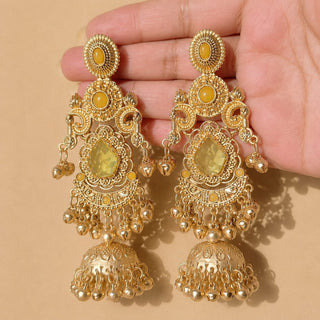 Britney Yellow Kashmiri Shoulder Duster Jhumka Gold Finish Earrings - ECLAT INDIAN JEWELSKashmiri EarringsYellow