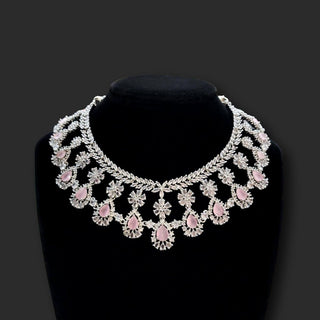 Brooke CZ Diamond Simulant Necklace Set with Maang Tikka - ECLAT INDIAN JEWELSNecklace SetsPink