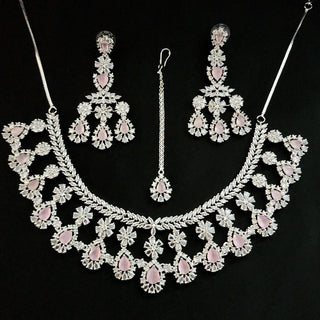 Brooke CZ Diamond Simulant Necklace Set with Maang Tikka - ECLAT INDIAN JEWELSNecklace SetsPink