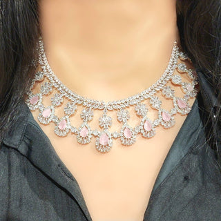 Brooke CZ Diamond Simulant Necklace Set with Maang Tikka - ECLAT INDIAN JEWELSNecklace SetsPink